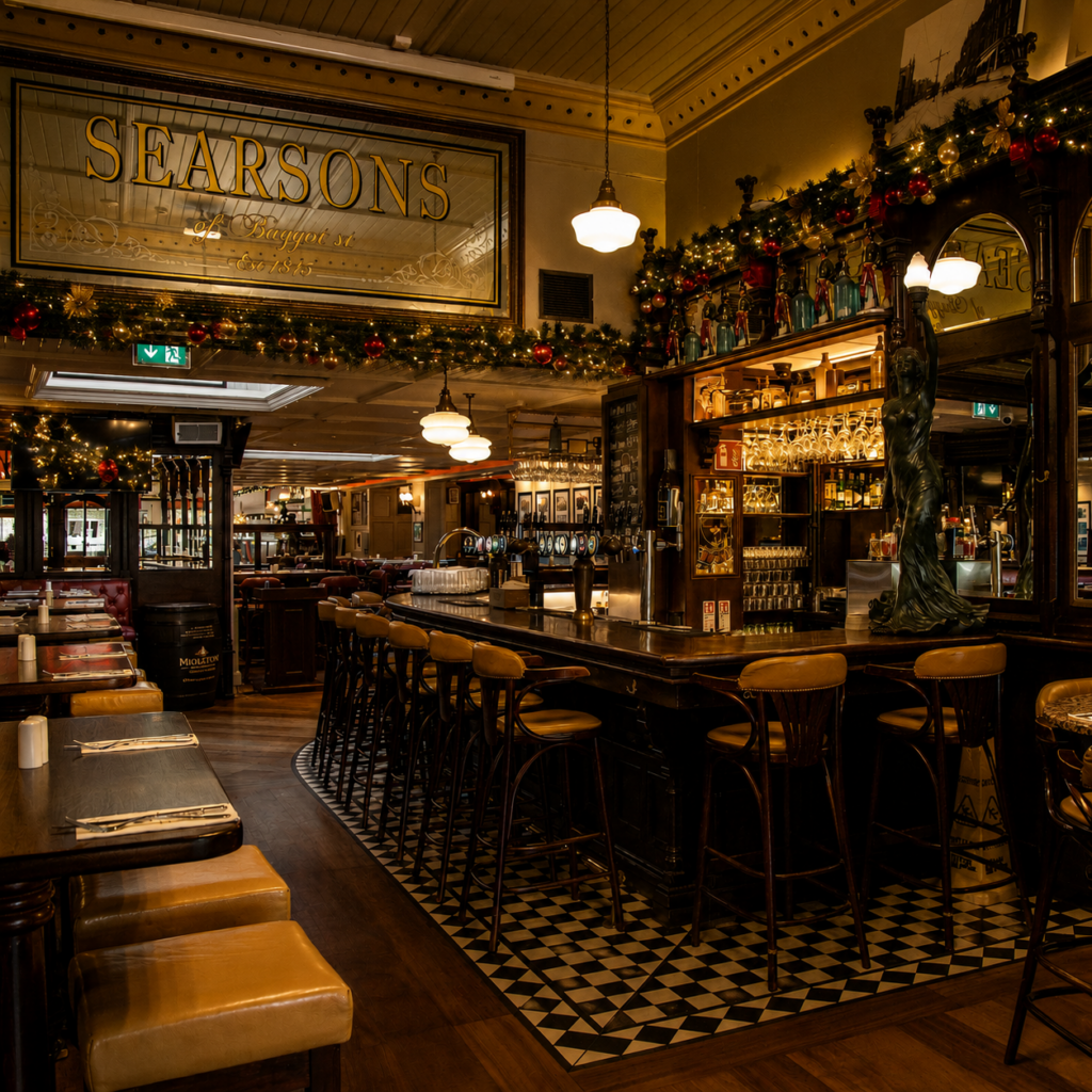 The bar at Searsons of Baggot Street, Dublin, dressed for Christmas