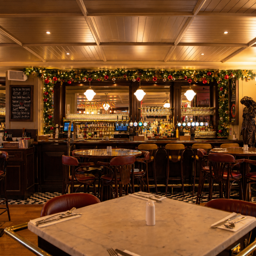 The lounge at Searsons of Baggot Street, Dublin, with reserved seating for a festive gathering