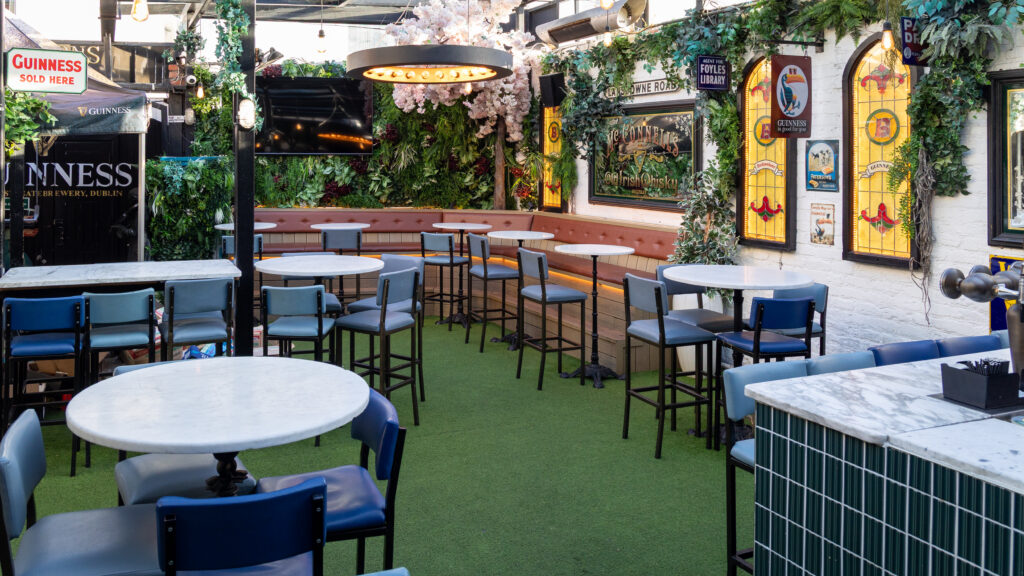 The heated and covered beer garden at Searsons of Baggot Street, Dublin, dressed for Christmas